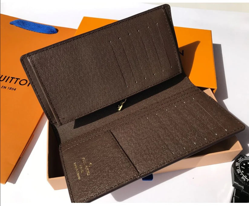 Designer LV Leather Men Bifold Long Wallet Brown (Made in Italy)